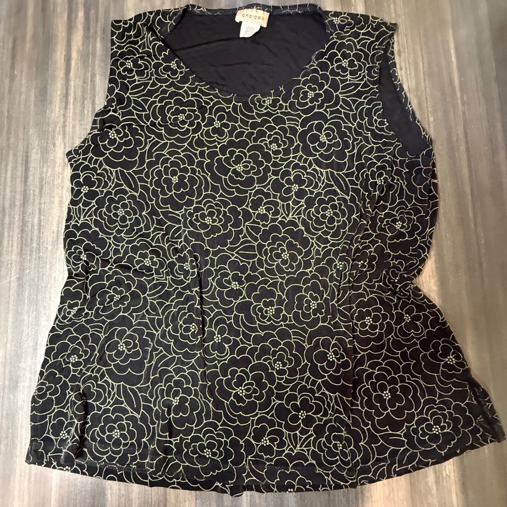 Choices Floral Print Sleeveless Top Blouse Lightweight Black Green XL